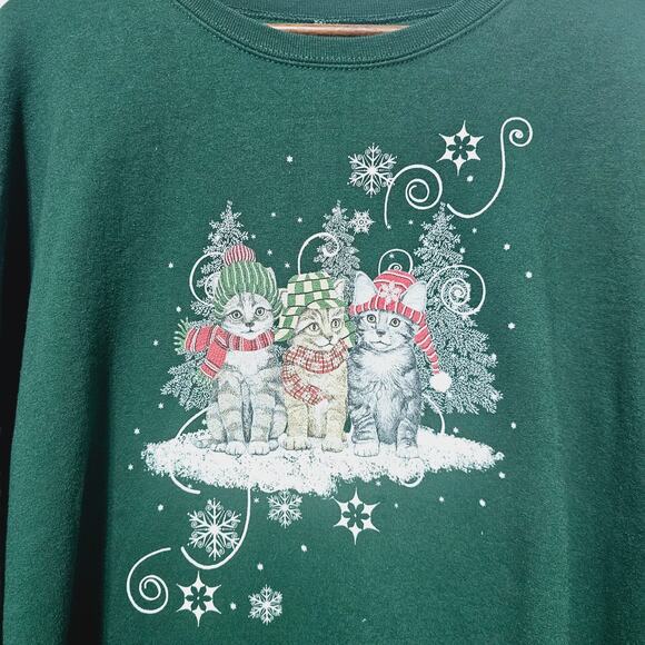 Cat Sweatshirt Womens Plus Size 3XL Crew Kitten Winter Scenery Green Casual Cozy - Picture 3 of 5